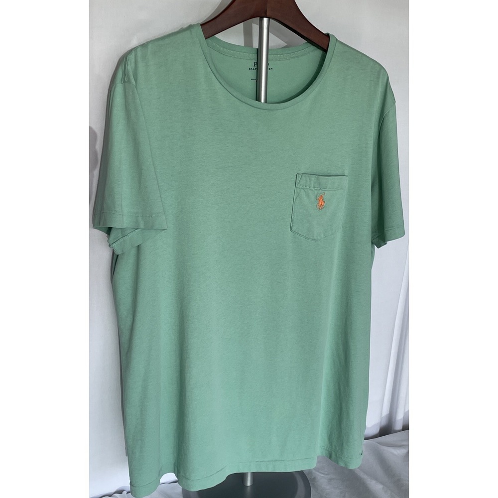 Rare 1990s Polo Ralph Lauren Pony Cotton Green Tee Shirt Men's Large Orange Logo